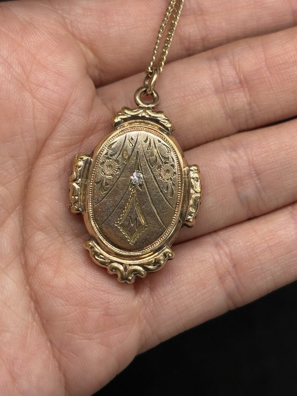 Antique Victorian Revival Gold Filled Floral locket W Real Diamond Necklace 18”